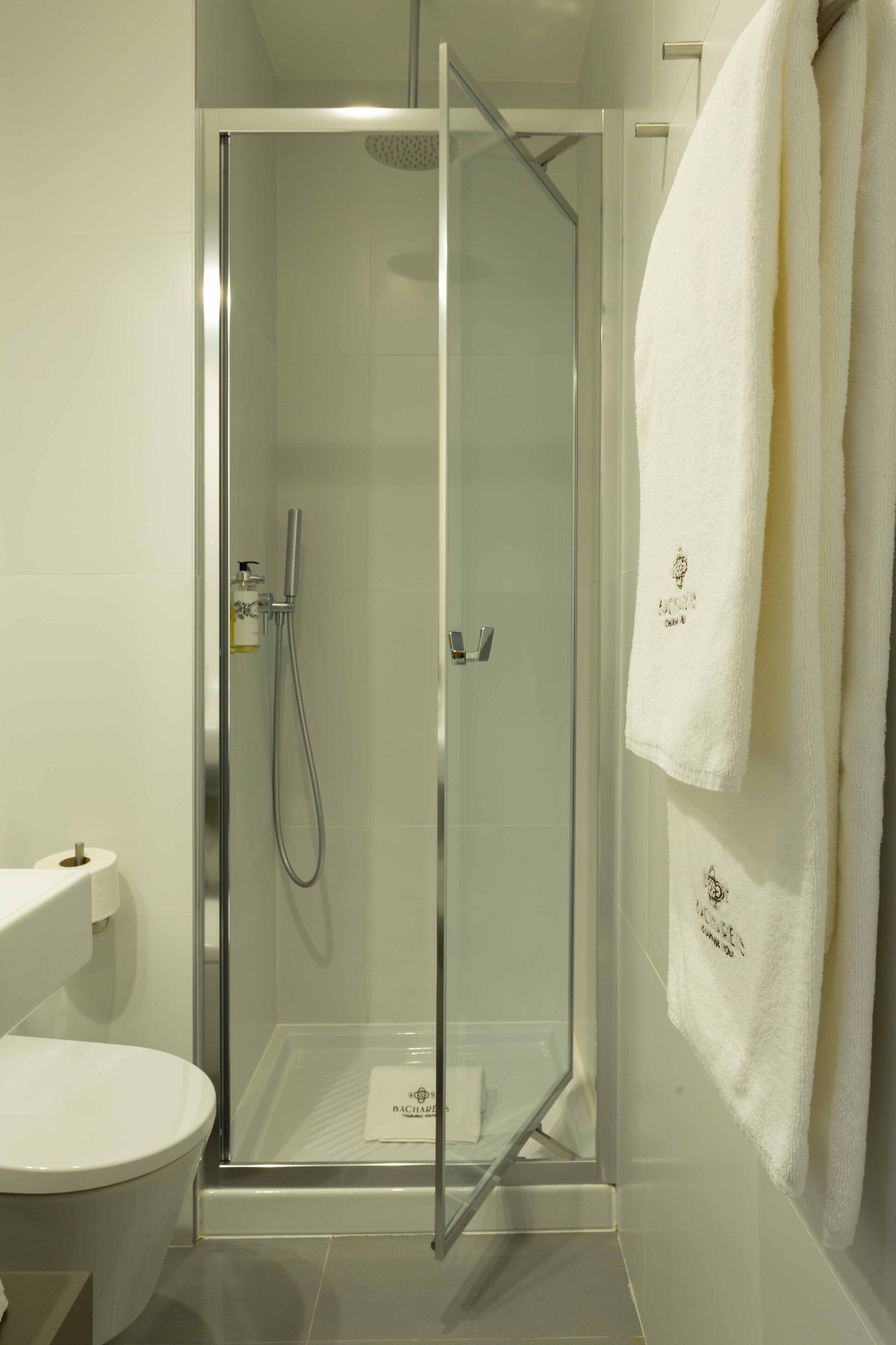 A modern bathroom with a glass-enclosed shower, a toilet, and a sink.