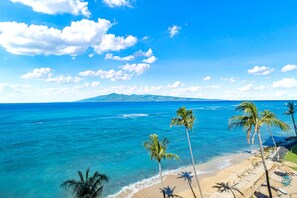 A beach with clear blue water, palm trees, and a distant mountain.