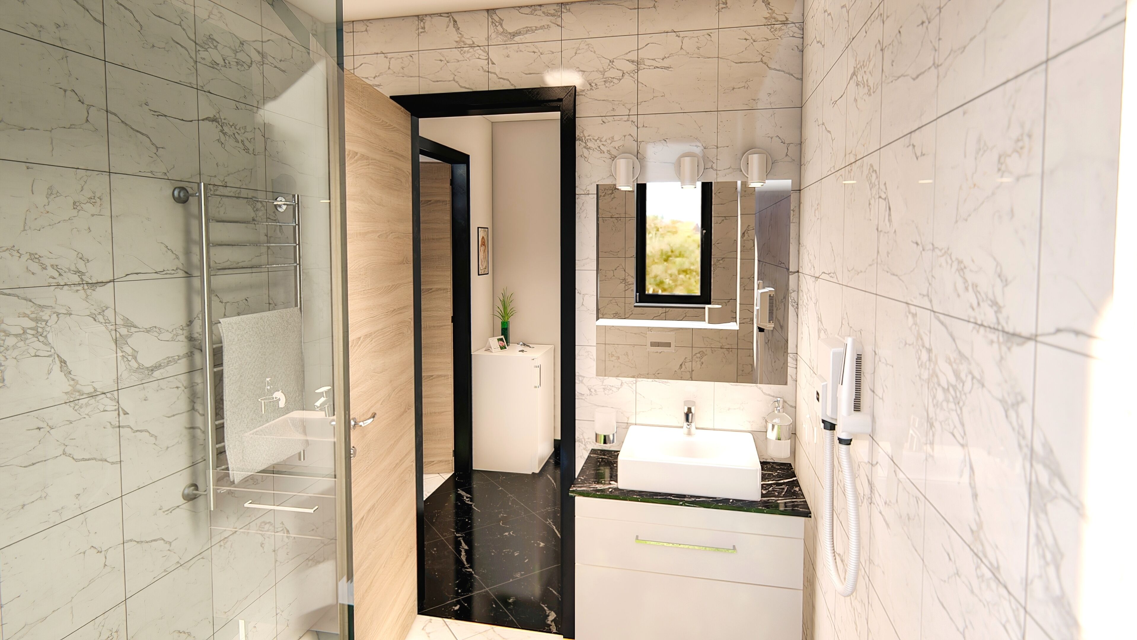 Separate tub and shower, free toiletries, hair dryer, towels