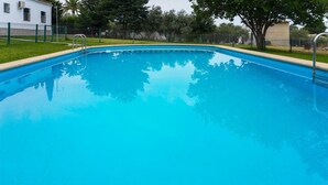 A rectangular swimming pool with clear blue water, surrounded by a green fence and trees.