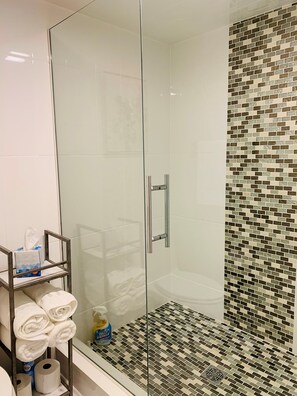 Dusche, Haartrockner, Handtücher, Seife