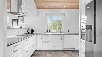 Fridge, stovetop, dishwasher, coffee/tea maker