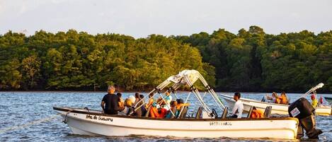 A boat with multiple passengers on a calm body of water, surrounded by dense greenery.