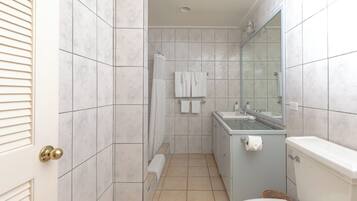 Shower, towels, soap, toilet paper