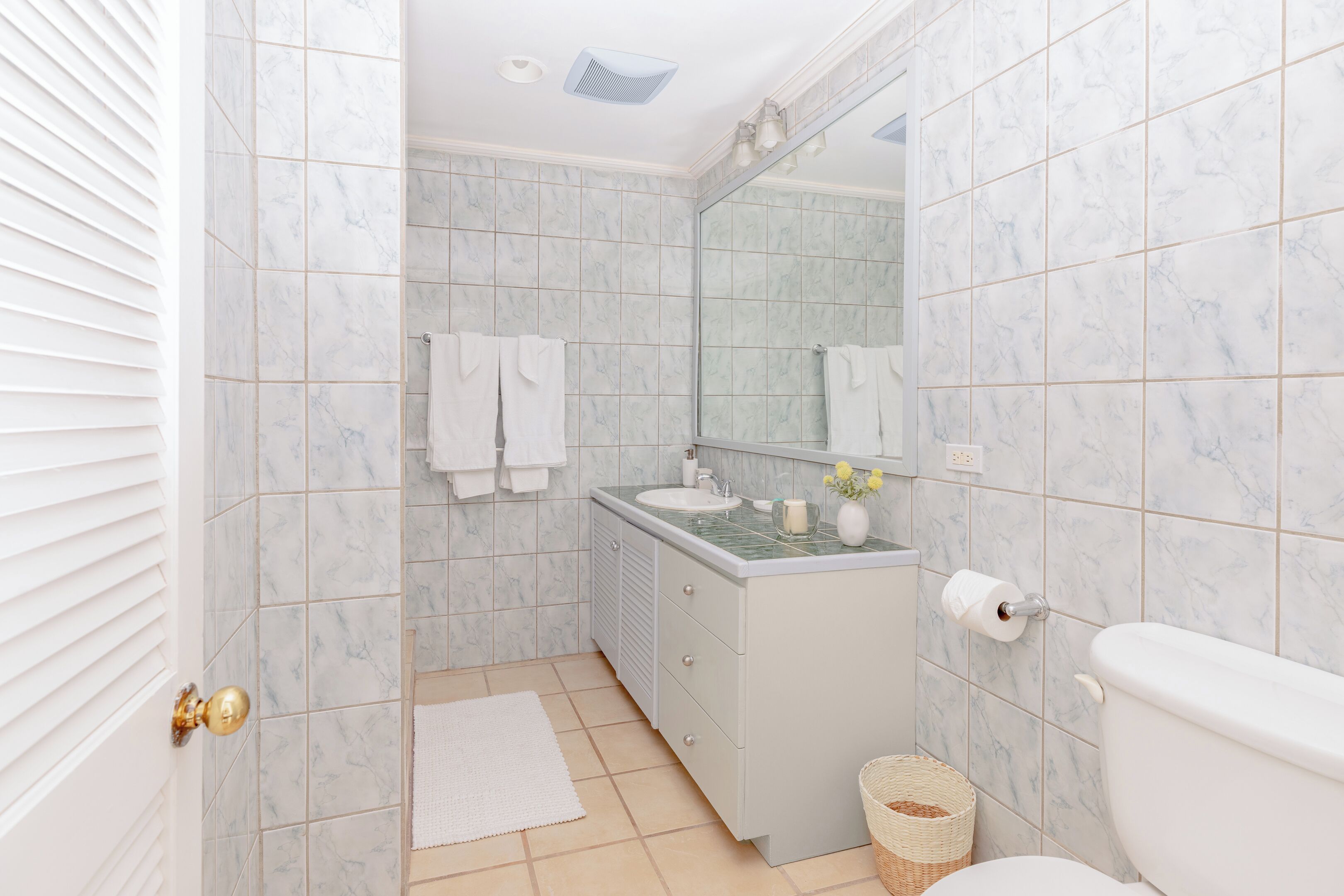 Shower, towels, soap, toilet paper