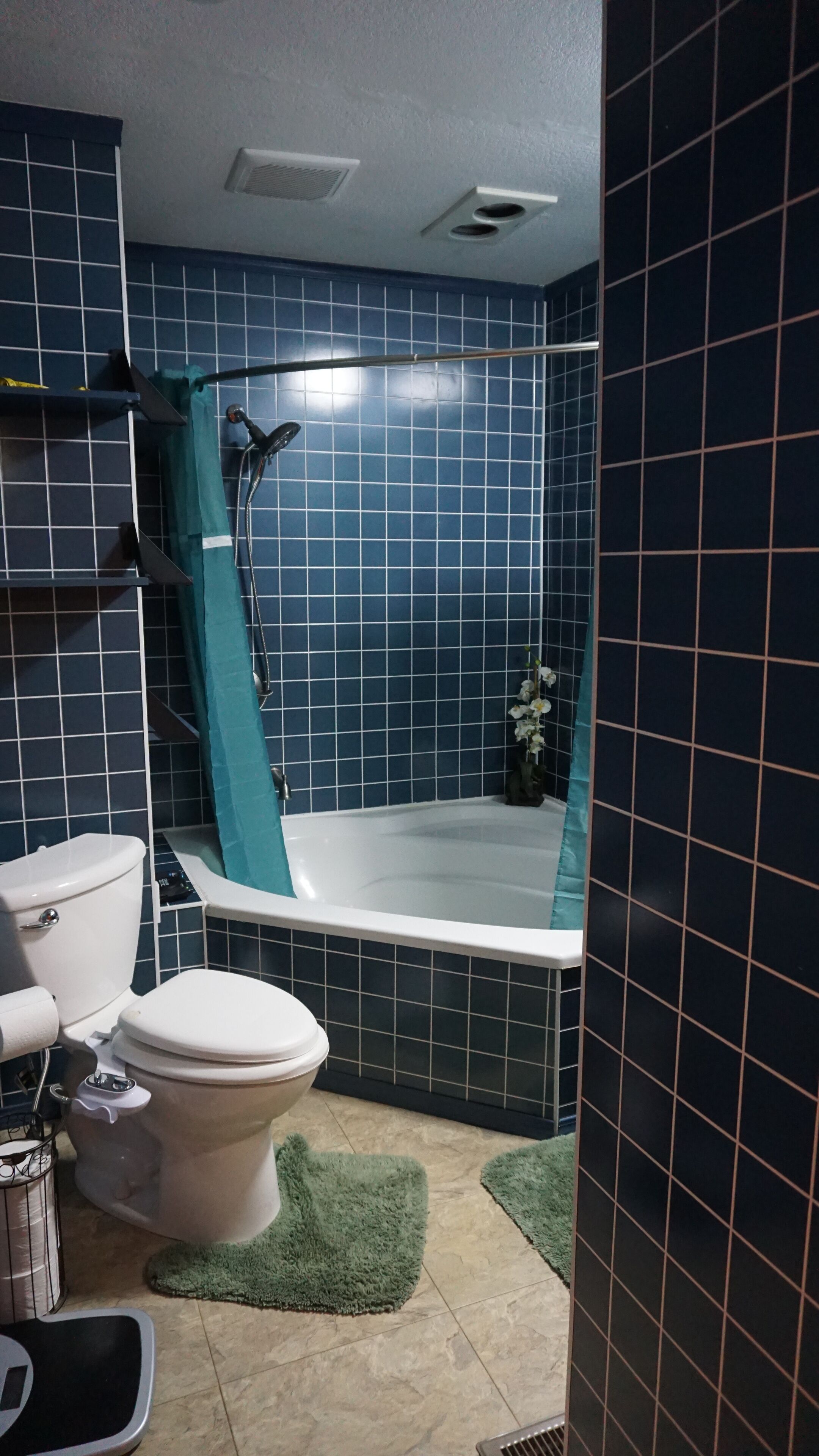 A bathroom with a bathtub, toilet, and shower.