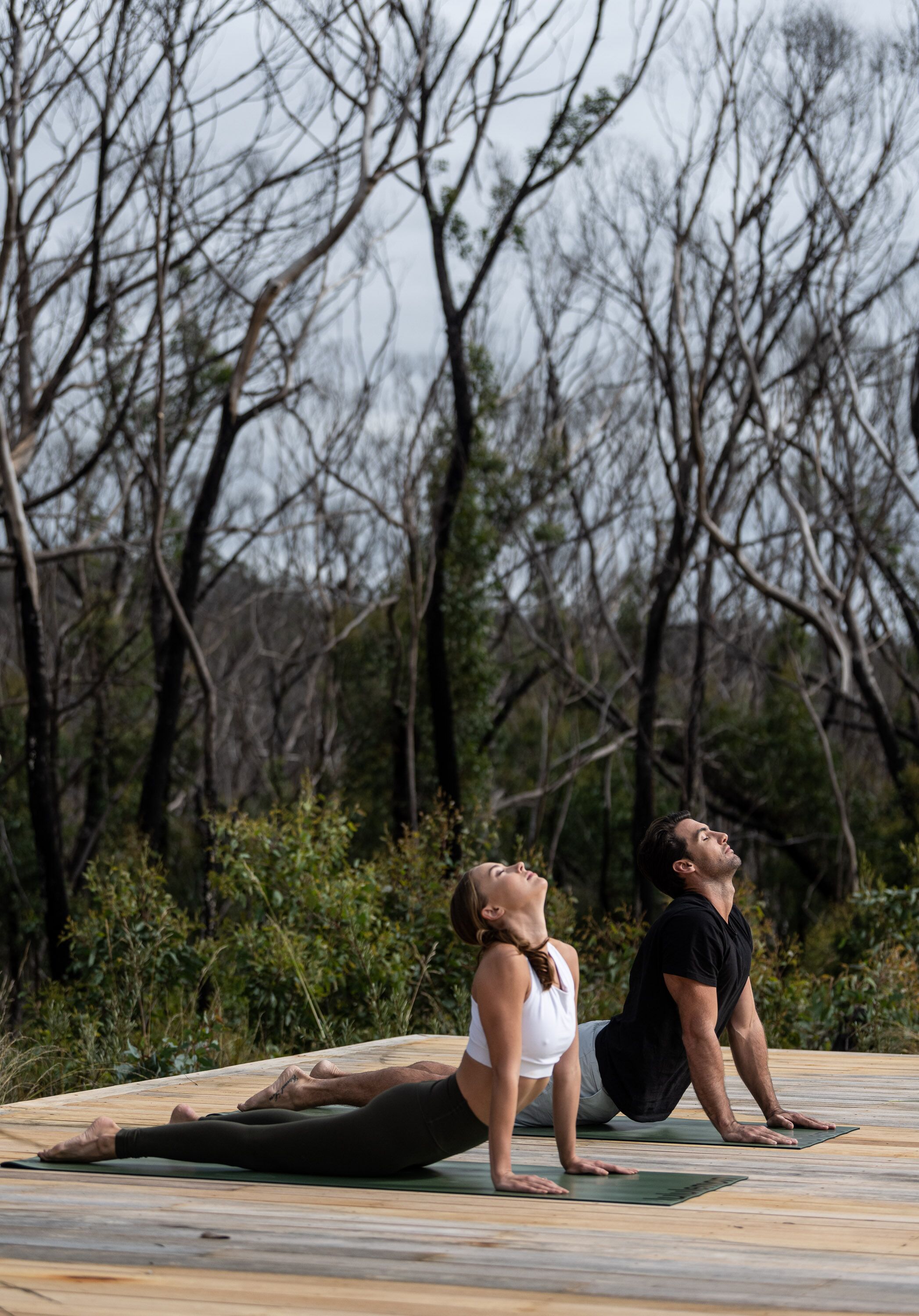 Dos personas practicando yoga en una terraza de madera con árboles al fondo.