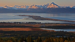 Un paysage côtier comprenant des montagnes, une étendue d’eau et une zone boisée.
