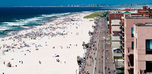 Une plage bordée d’une longue promenade, elle-même bordée d’immeubles.