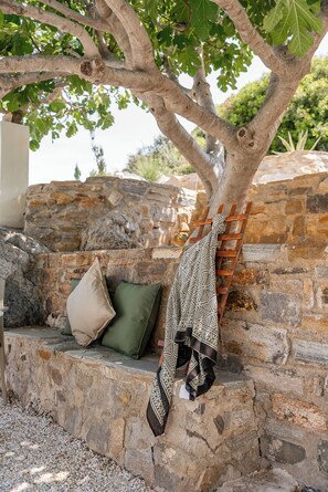 A stone wall with a wooden ladder leaning against it, a cushion, and a patterned cloth hanging from the ladder. - La Casa di Dolly (Naxos)