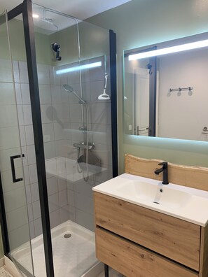 Shower, hair dryer, towels