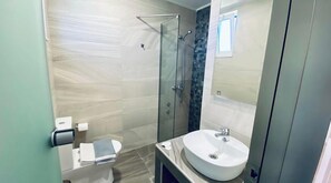 A modern bathroom with a glass shower enclosure, a white sink, and a toilet.