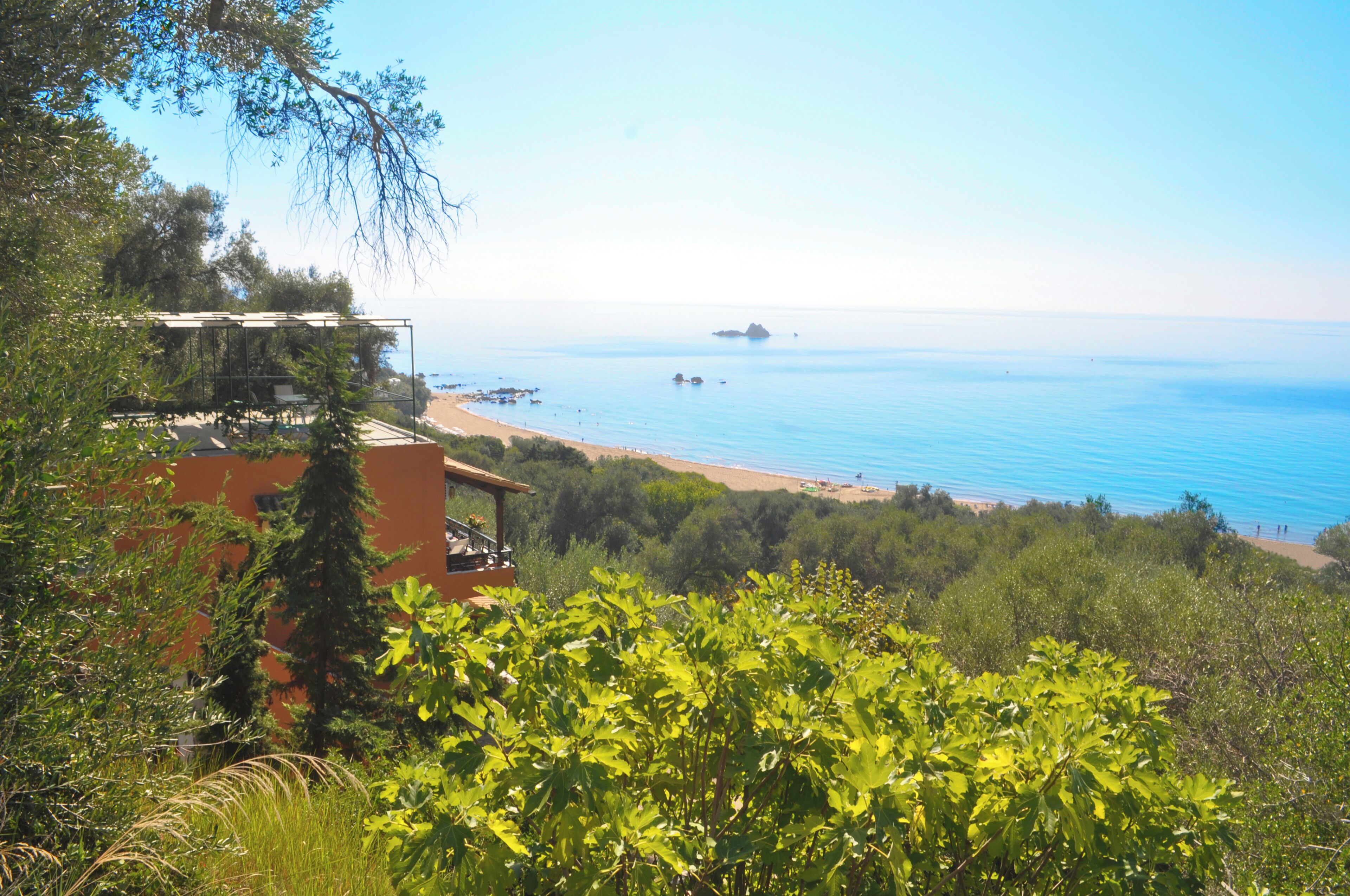 A coastal view with a beach, a building with a balcony overlooking the sea, and lush greenery in the foreground.