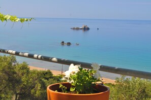Une vue sur la côte, avec une balustrade, une plage et un promontoire rocheux au loin.