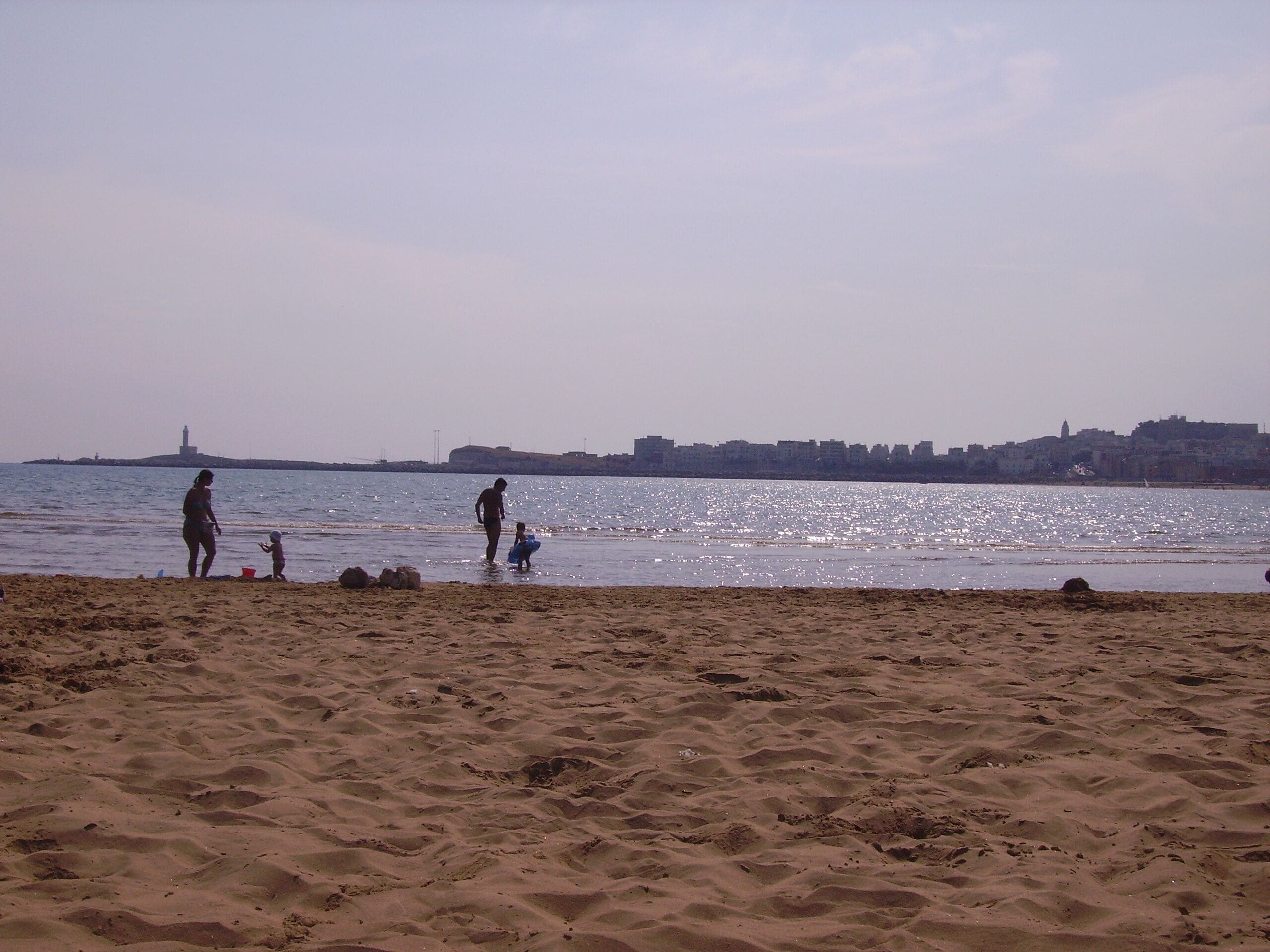 A beach with sand and water, a distant city skyline, and a lighthouse.