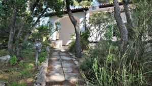 Un chemin de pierres qui mène à un bâtiment doté d’un toit en tuiles, entouré d’arbres et de végétation.