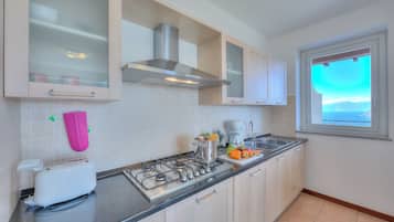 Een koelkast, een oven, een kookplaat, een vaatwasser