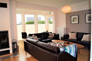 TV connectée, cheminée, livres