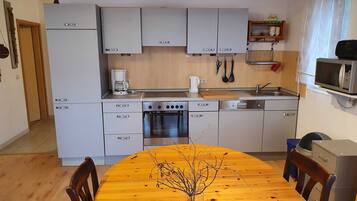 Een koelkast, een magnetron, een oven, een vaatwasser