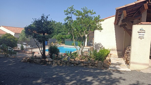 Un quartiere residenziale con piscina, un vialetto in pietra e un giardino di cactus.