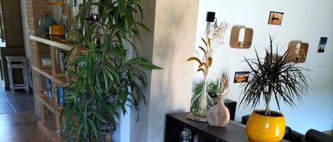 A wooden floor, a black console table with decorative items, and a large potted plant.
