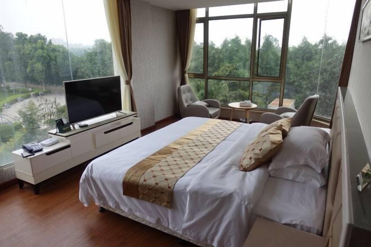 Quarto de hotel com cama, televisão, escrivaninha e cadeira.