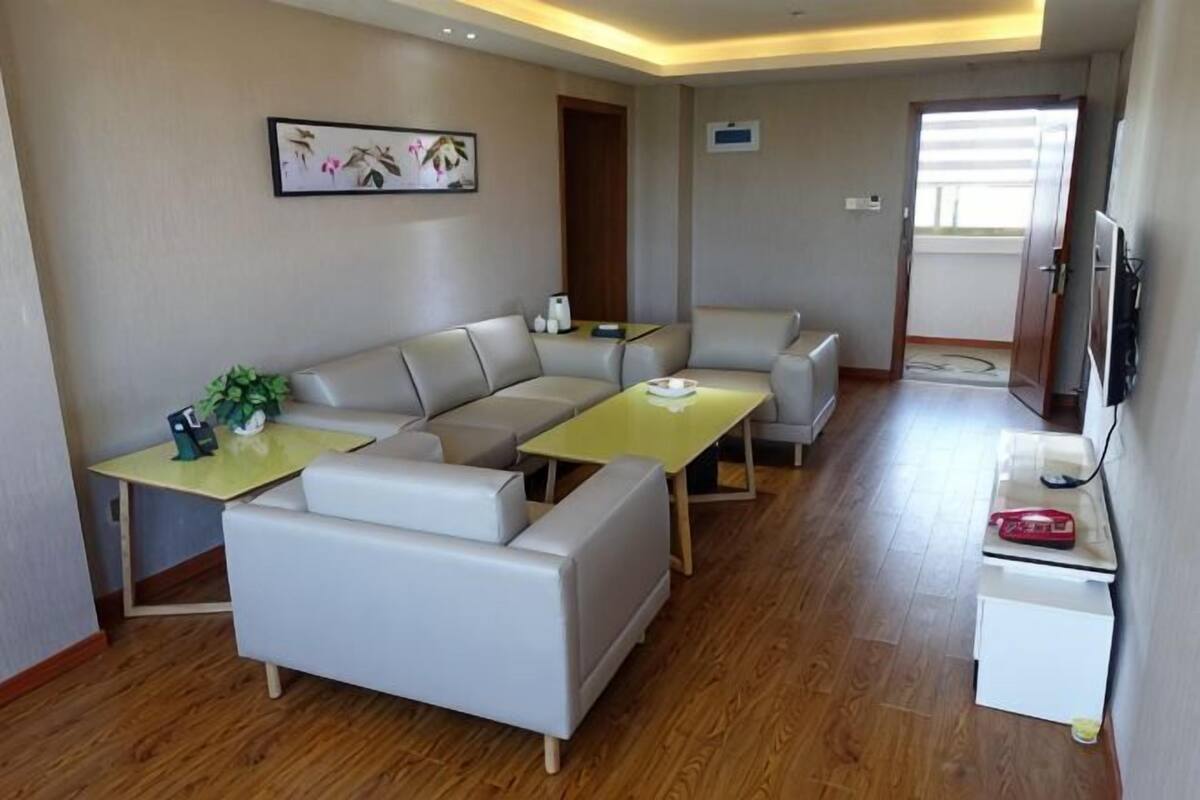 Uma sala de estar moderna com um sofá, uma mesa de centro, uma televisão e uma pequena área de cozinha.