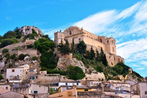 A historic building on a hill with traditional architecture, surrounded by a small town with terracotta-roofed houses.