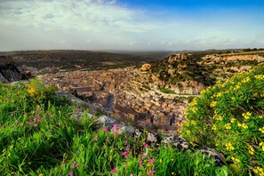 A panoramic view of a historic town with terraced buildings, a prominent church, and a rugged landscape.