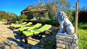 Eine Steinterrasse mit grünen Lounge-Stühlen, einer Steintiger-Statue und einem Haus im Hintergrund.