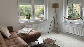 TV connectée, lecteur de DVD, baby-foot, livres