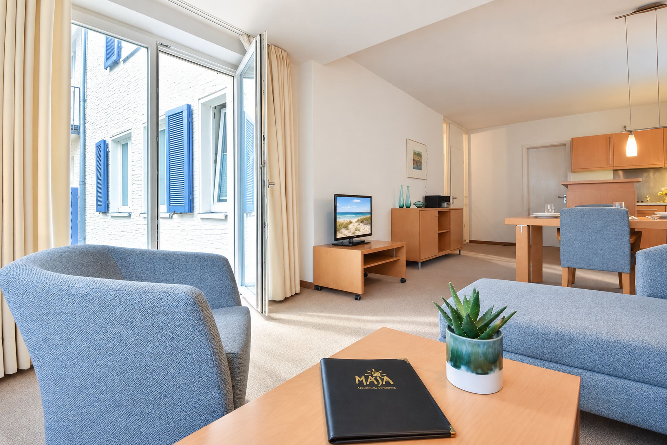Une chambre d’hôtel moderne équipée d’un canapé, d’une petite table avec une plante, d’une télévision et d’une kitchenette.