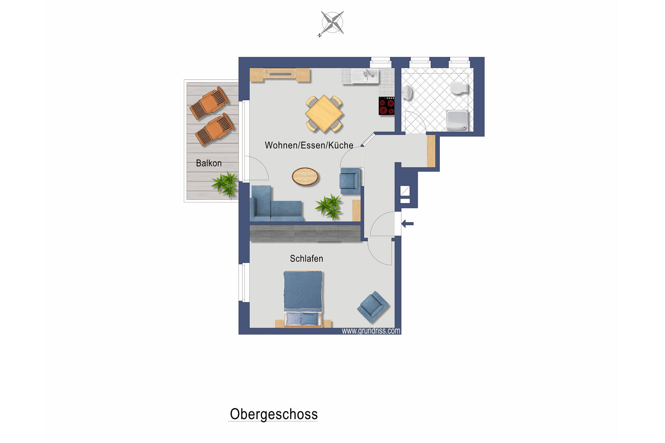 A floor plan of an apartment with a living room, dining area, kitchen, and two bedrooms.