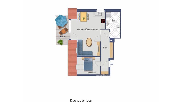 A 2D floor plan of a house with labeled rooms including a living room, kitchen, bathroom, and bedroom. - House Ardenne 07 - perfect beach location with balcony and Baltic Sea view (Heringsdorf (Seebad))