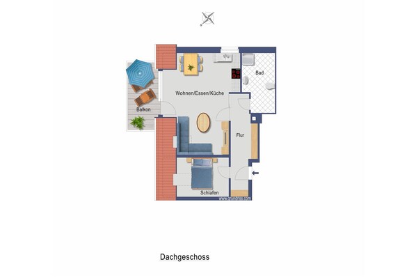 En 2D plantegning af et hus med rum der er mærket: stue, køkken, badeværelse og soveværelse.