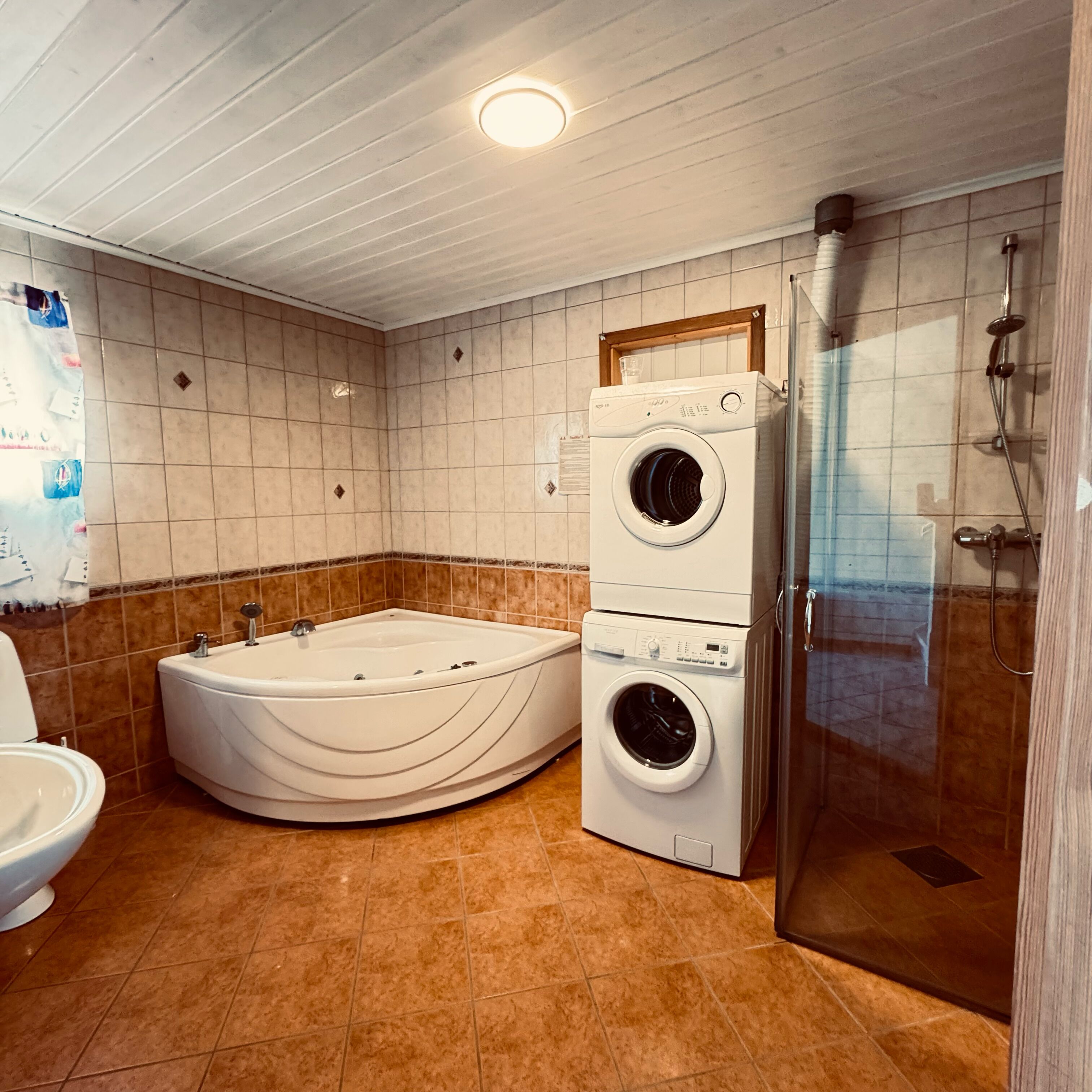 A bathroom with a bathtub, a double washing machine, and a shower.