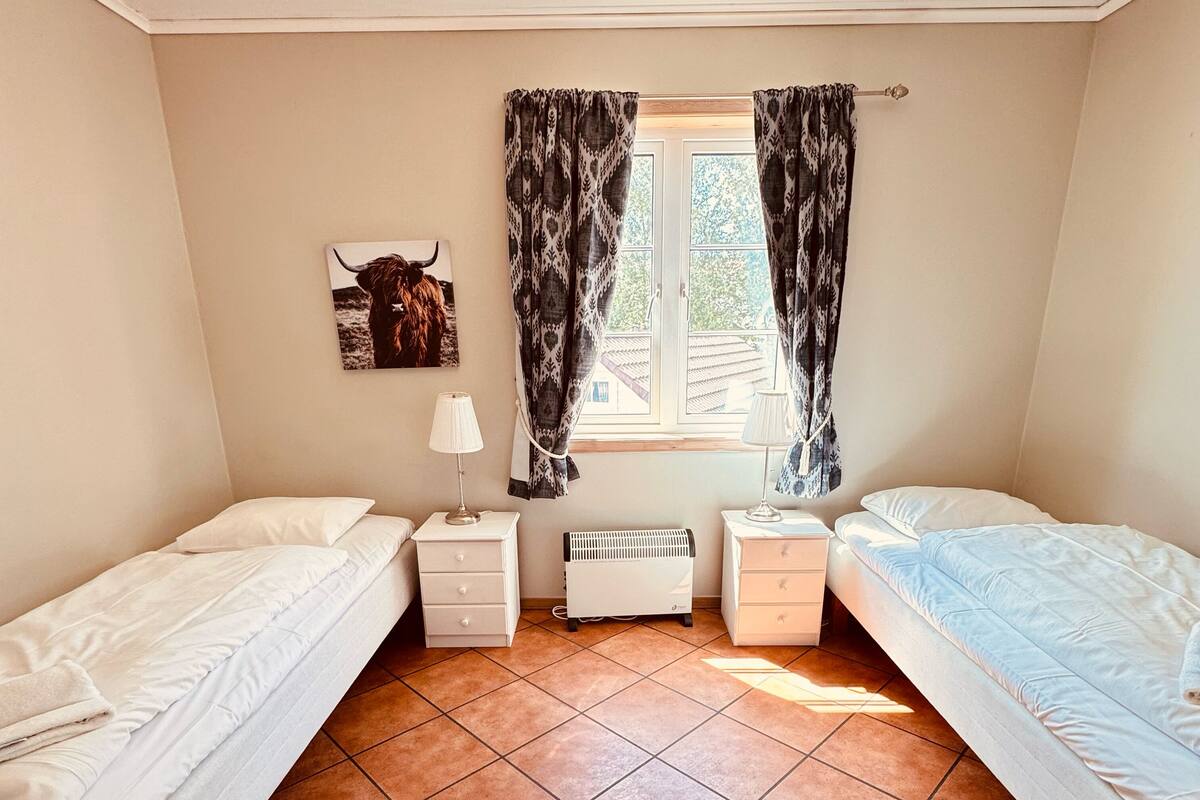 A bedroom with two beds, a window with curtains, a radiator, and a wall-mounted picture.