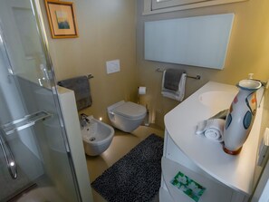 Shower, bidet, towels, toilet paper