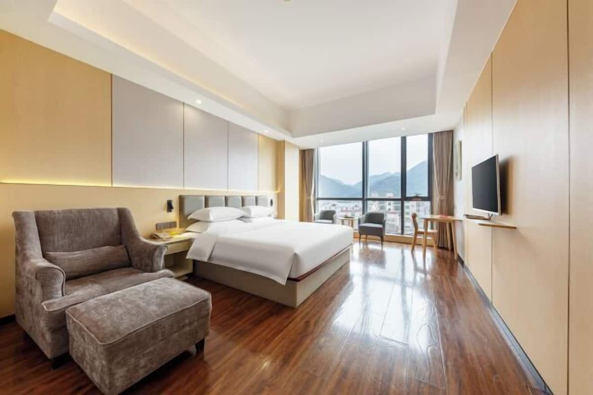 Une chambre d’hôtel avec un lit, un canapé, une télévision et une vue sur la ville.