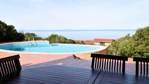 A pool with a view of the sea, surrounded by greenery and a wooden deck.