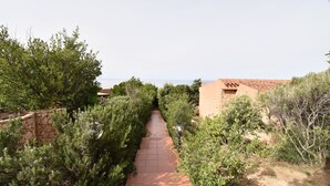 A pathway flanked by dense greenery and a building with a tiled roof.