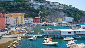 A coastal town with colorful buildings, a marina with boats, and a pier extending into the water.
