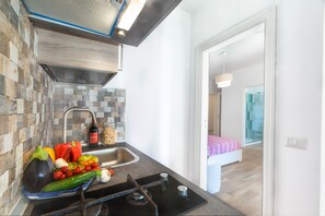 Jääkaappi, mikroaaltouuni, liesi, kahvin-/teenkeitin