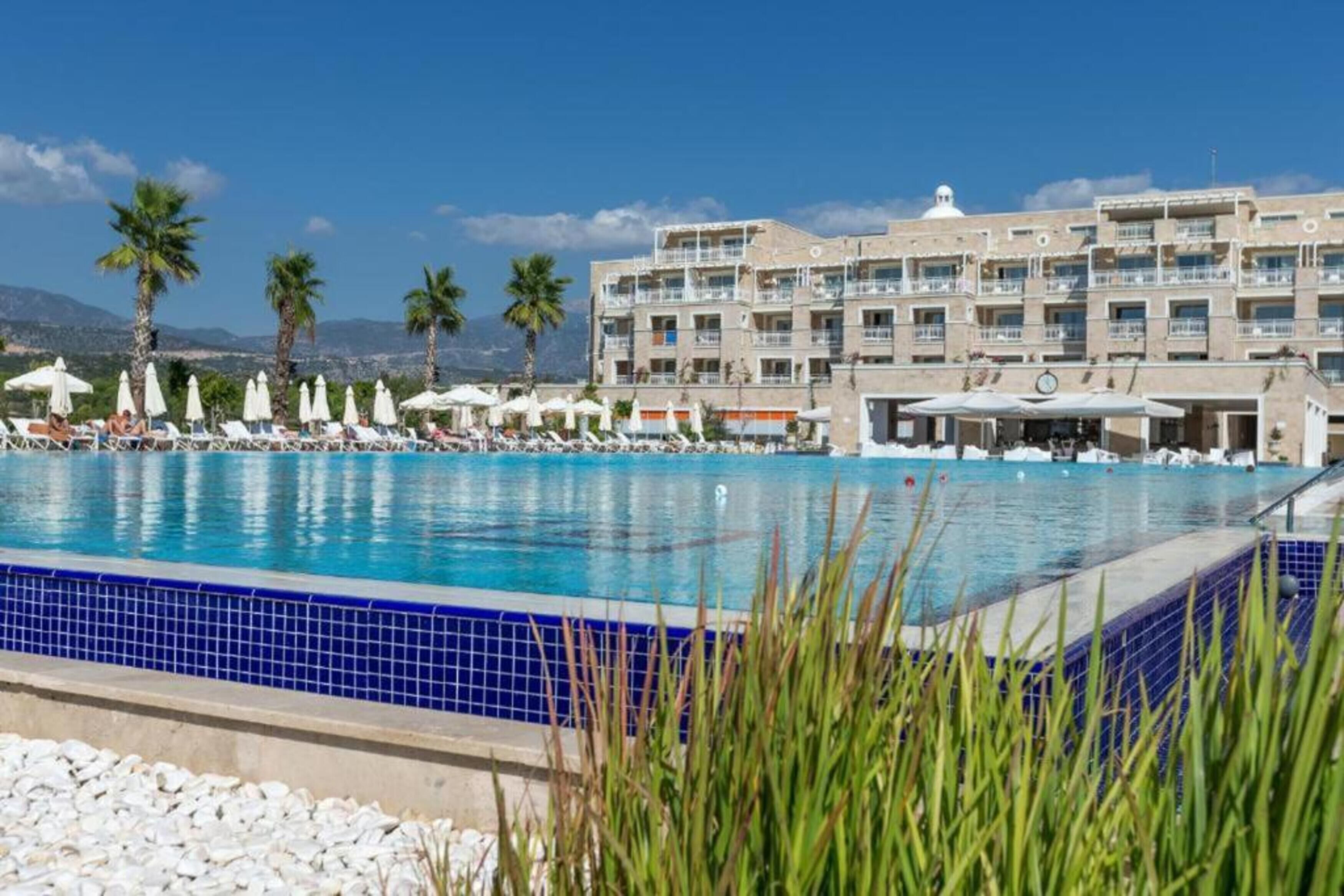 A swimming pool with lounge chairs and umbrellas, surrounded by palm trees and a hotel building.