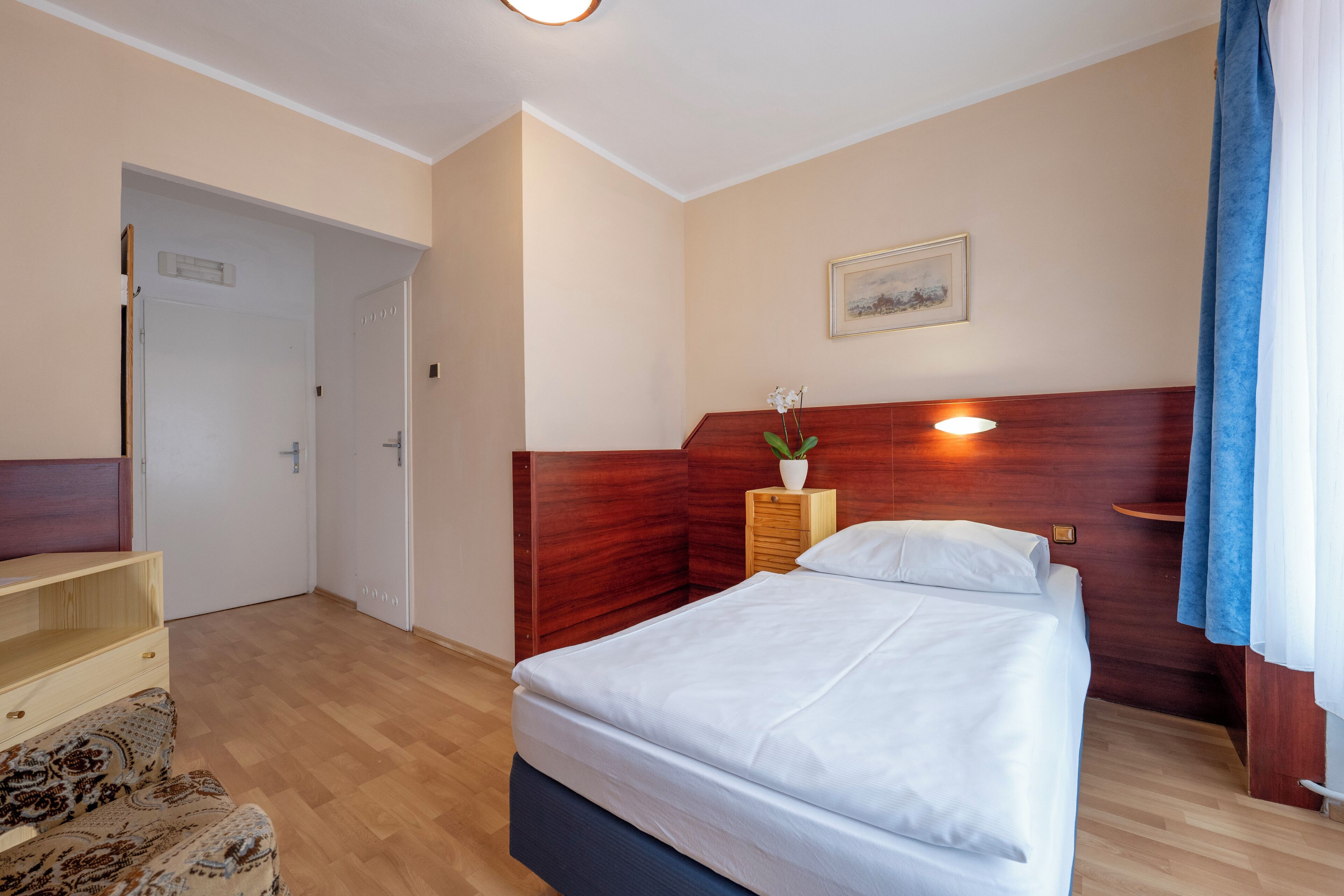 Habitación de hotel con cabecera de madera, cama con ropa de cama blanca, una mesita de noche de madera con una planta y un cuadro en la pared.