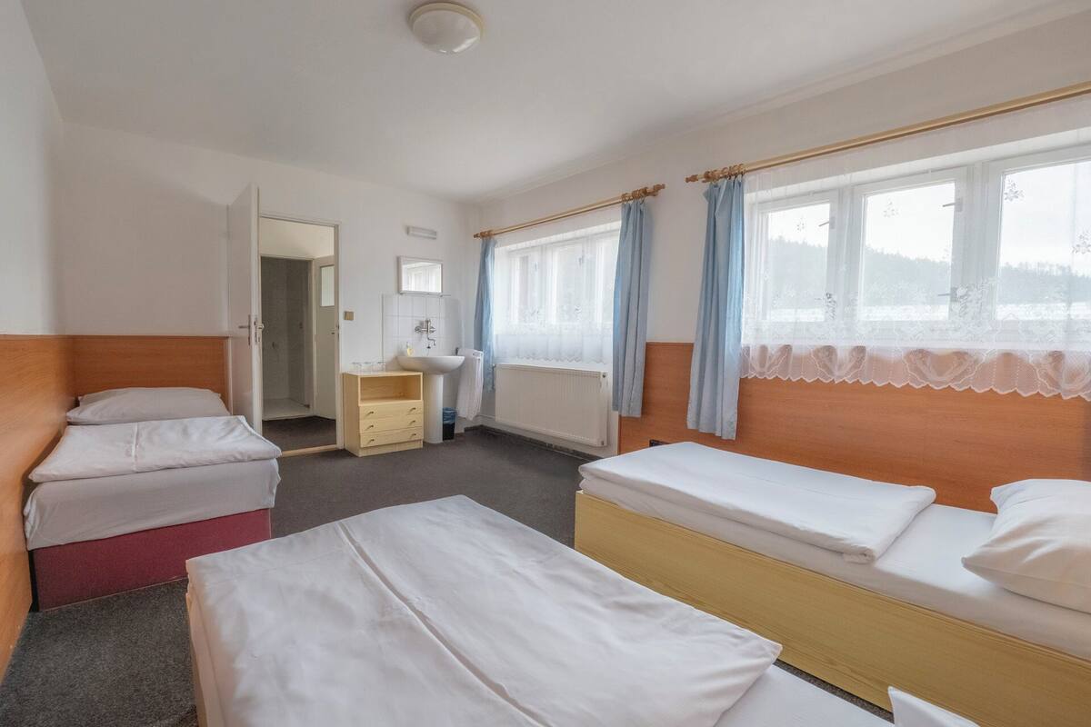 Habitación de hotel con dos camas individuales, un pequeño escritorio de madera con espejo, una ventana con cortinas y vistas al exterior.