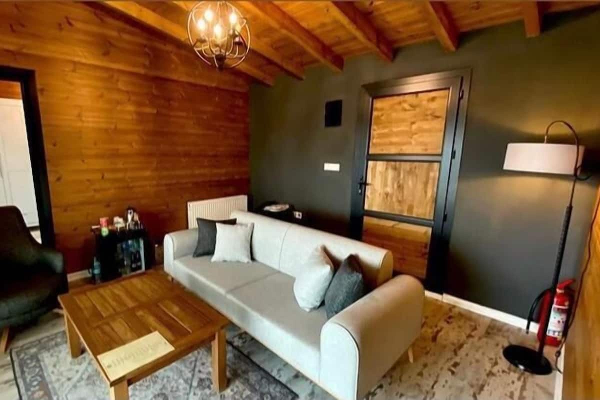 A cozy living room with a wooden ceiling, a sofa, a coffee table, and a lamp.