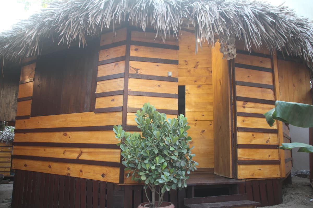 Eine Holzhütte mit einem Reetdach, einem Blumentopf und einer Holzbank.