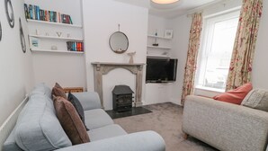 A living room with a fireplace, a television, and a sofa. - 6 Milton Place (Bideford)