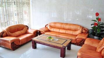 Un salon avec des canapés en cuir, une table basse et une plante en pot.